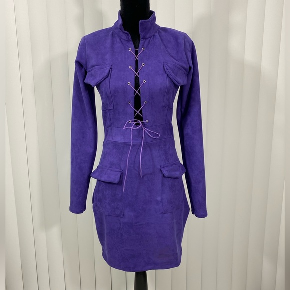 RENDOLL LAGOS Faux Suede Lace Up Sheath Mini Dress Long Sleeve Mock Neck US 6 - Picture 5 of 12